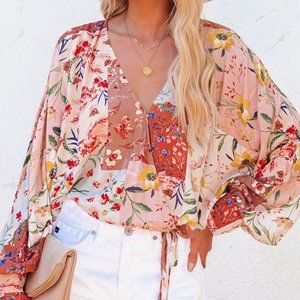 Oversized Boho Pink Floral Print Wrap Shirt Long Sleeve Lightweight